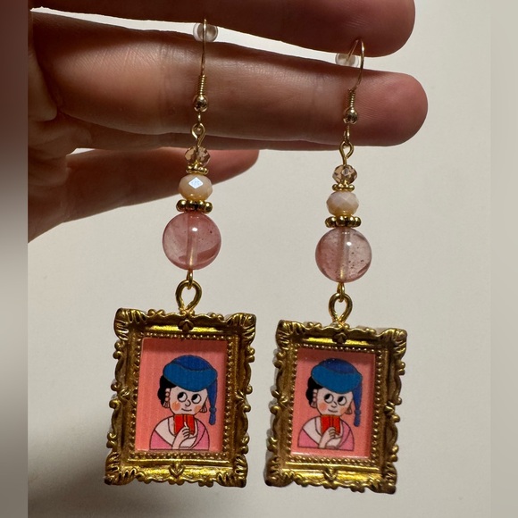 Gold and Pink Framed Art Earrings - Picture 1 of 1